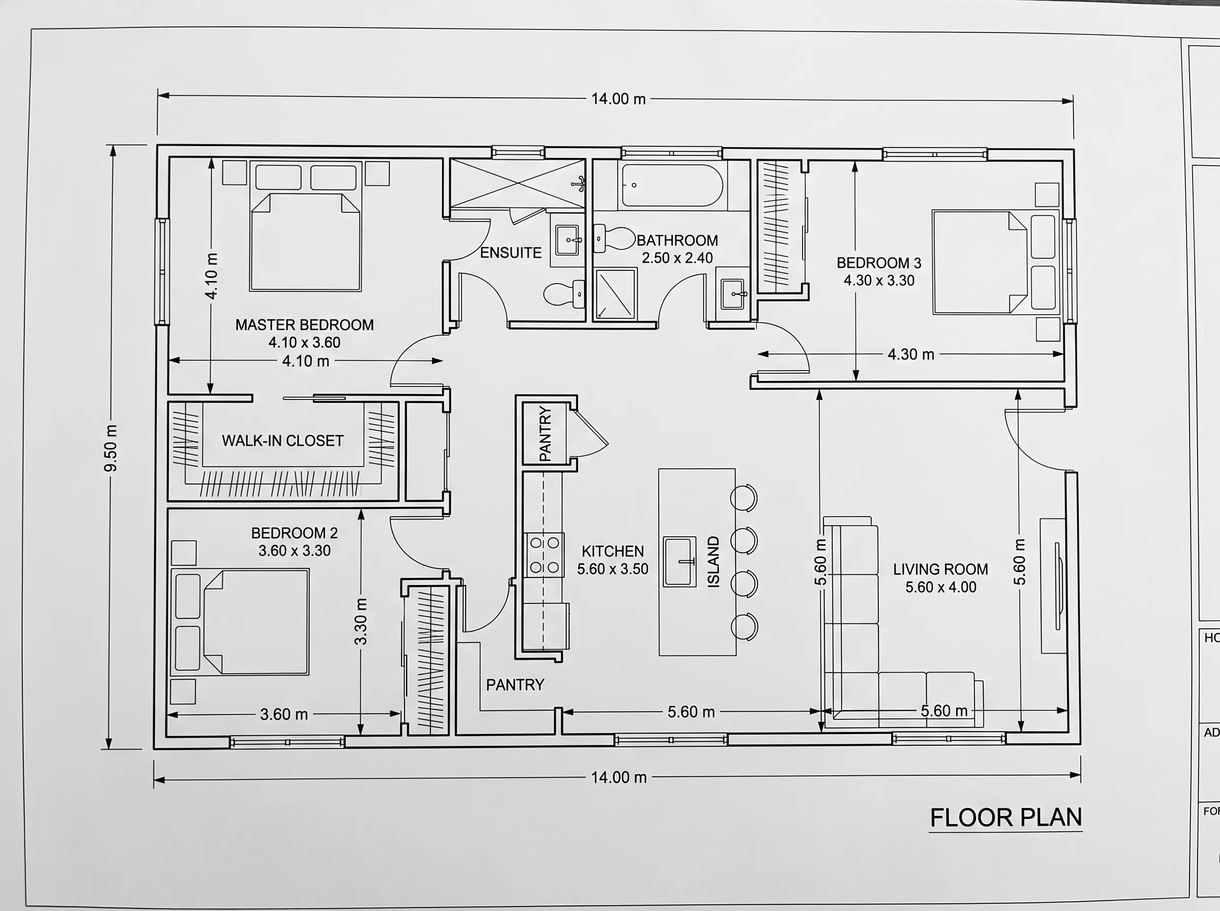 Technical architectural floor plan of a 3-bedroom home