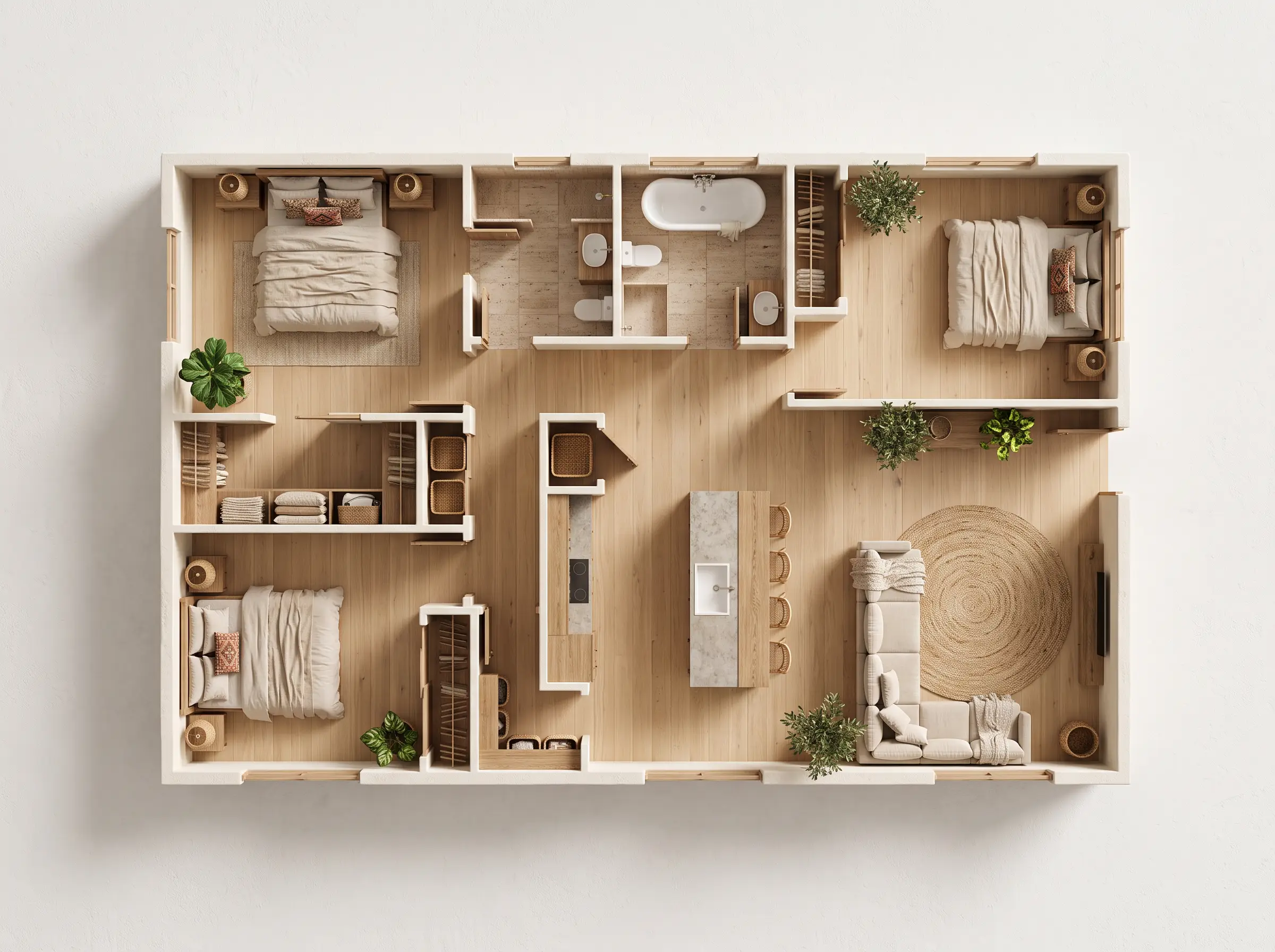 The same floor plan as a photoreal furnished top-down render